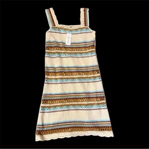 Crochet Striped Dress - Cream, Blue, Brown